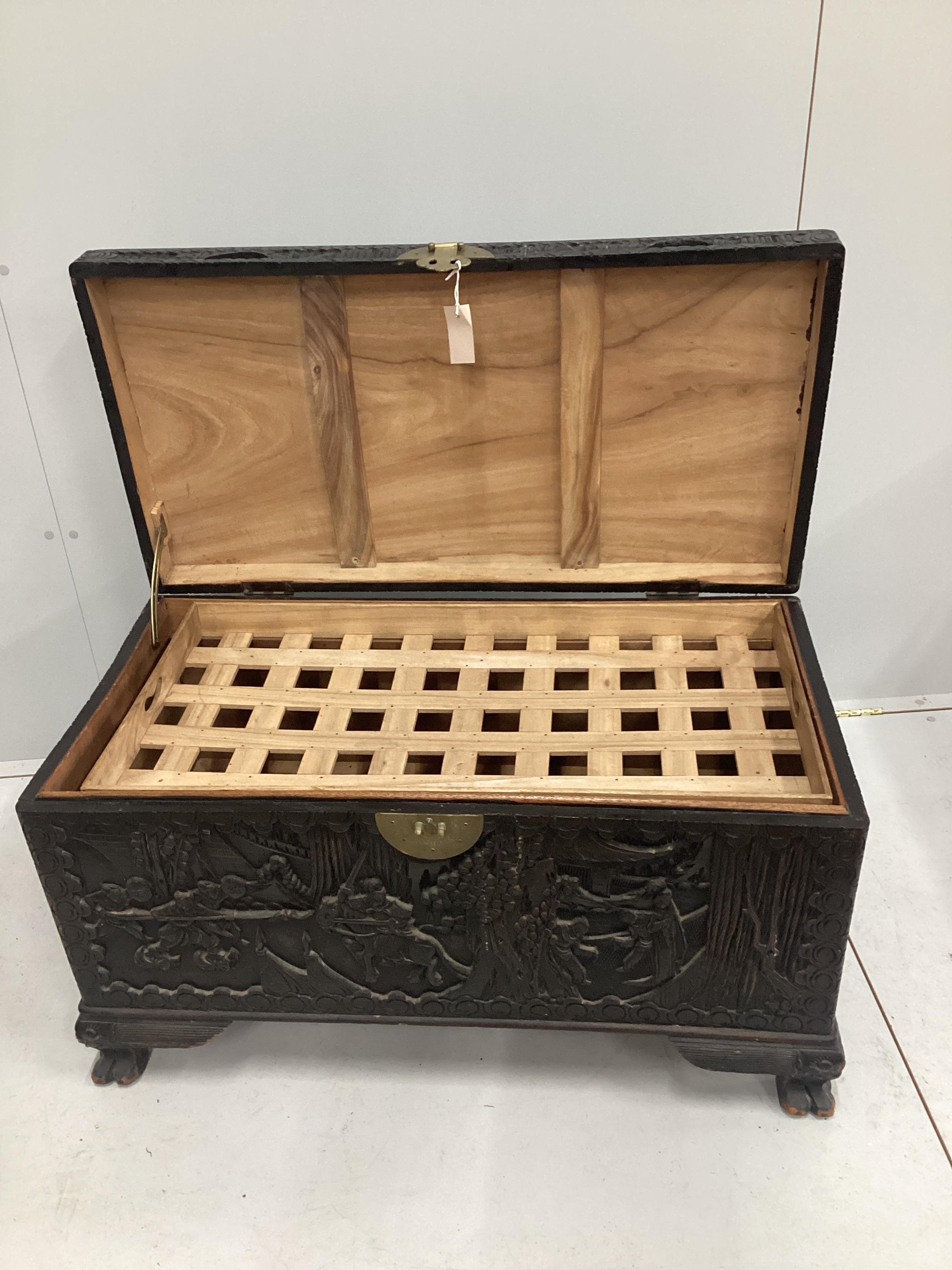 A late 19th century Cantonese carved camphorwood chest, width 100cm, Please note this lot attracts an additional import tax of 5% on the hammer price